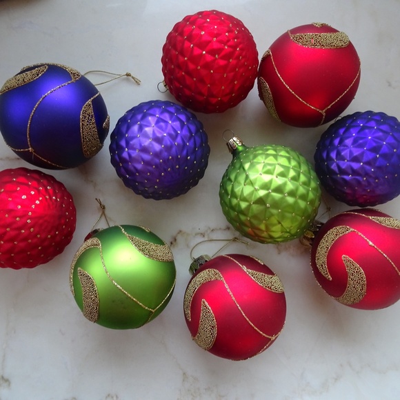 Other - Set of 10 Red Green & Purple Glass Ball Christmas Ornaments Xmas Holiday Decor